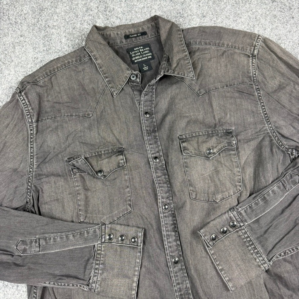 Lucky Brand Western Shirt Mens Large Gray Black Label Denim Pearl Snap Classic